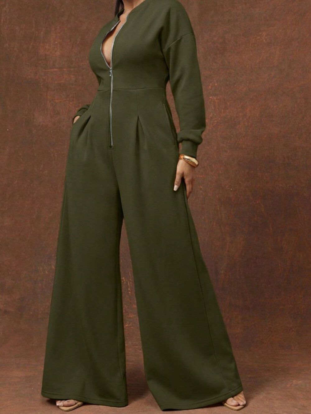 Army Green Elegant Women's Fleece Sweatshirt Long Sleeve Wide Leg Jumpsuit